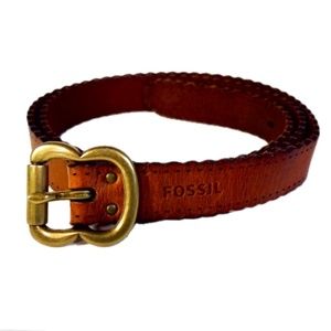 Fossil Leather Belt Brass Buckle Scallop Edges - L